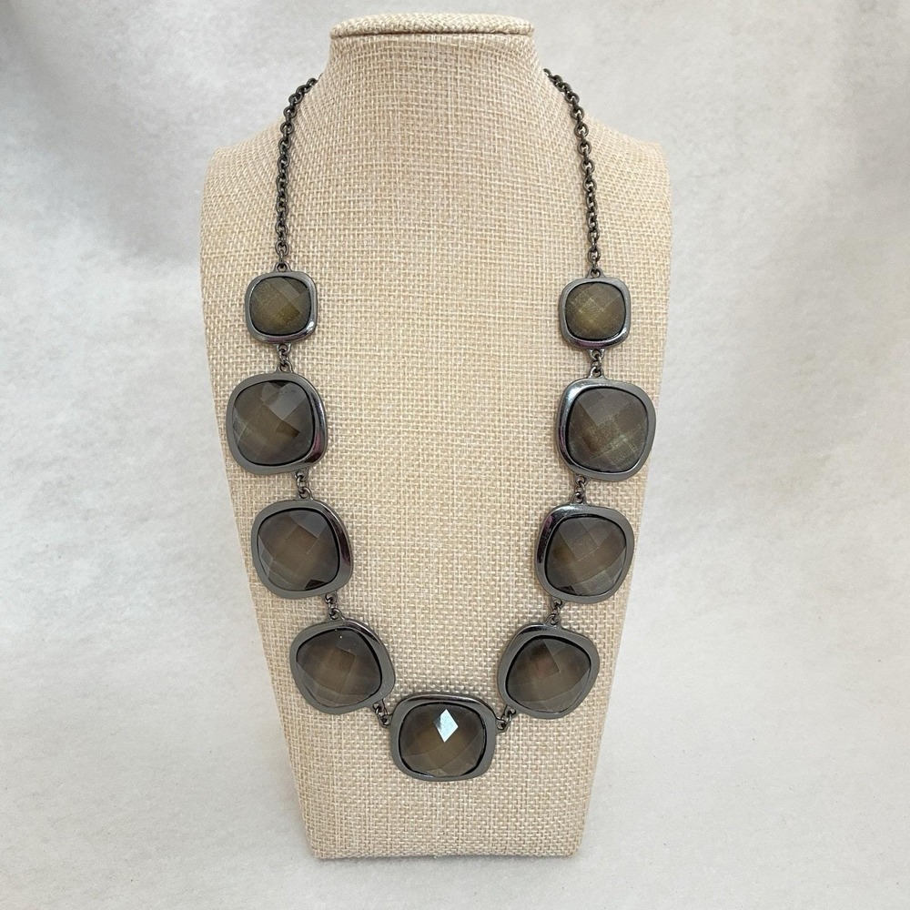 NY Necklace Bib Gunmetal Tone Olive Faceted Acrylic Cabochons Fashion New York